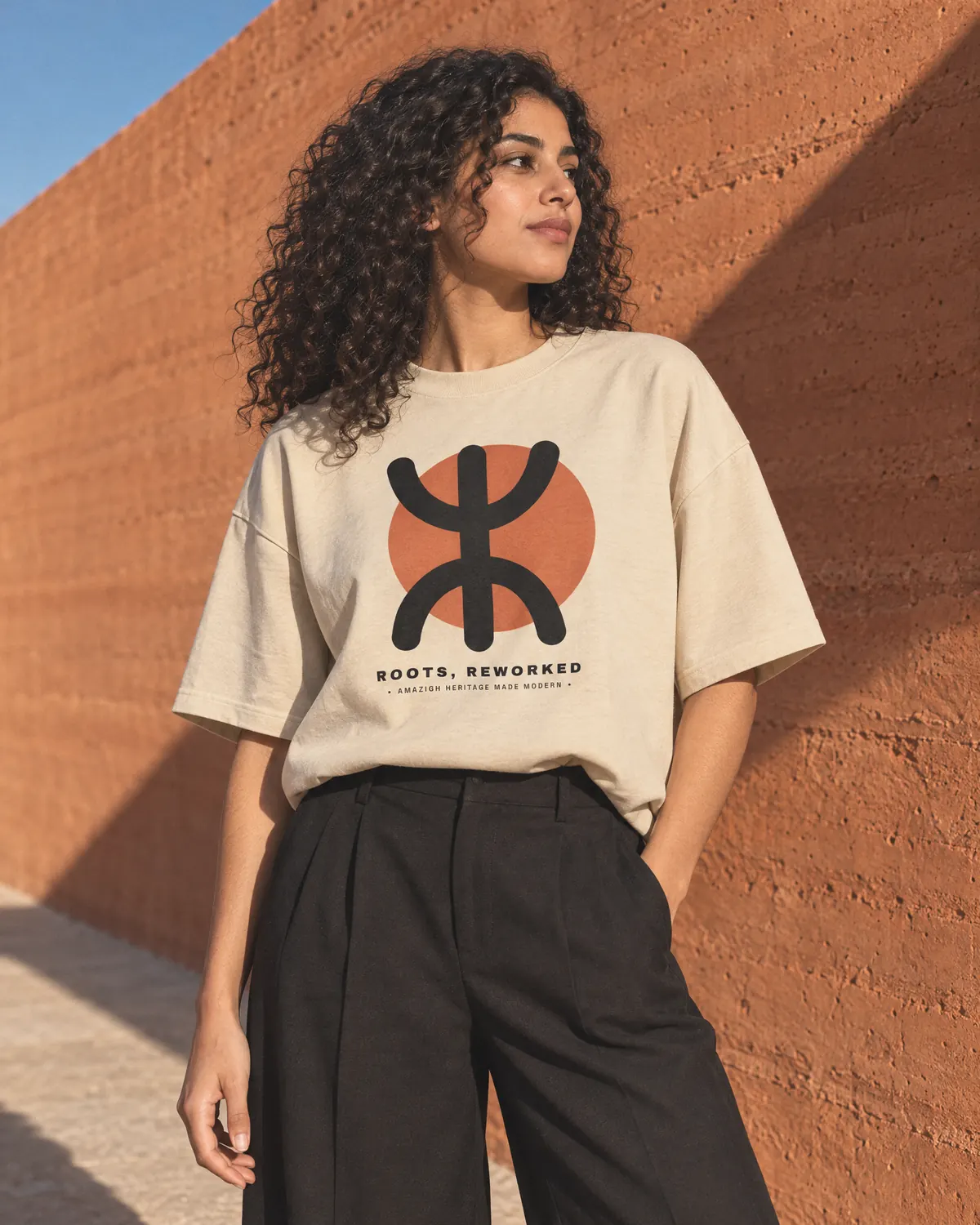 Sand tee with the Yaz symbol over a terracotta wall